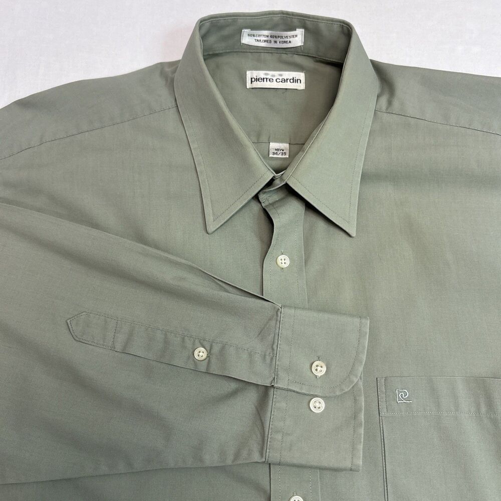 Pierre Cardin Button Up Mens 16.5 Sage Green Long Sleeve Logo Pocket 34/35